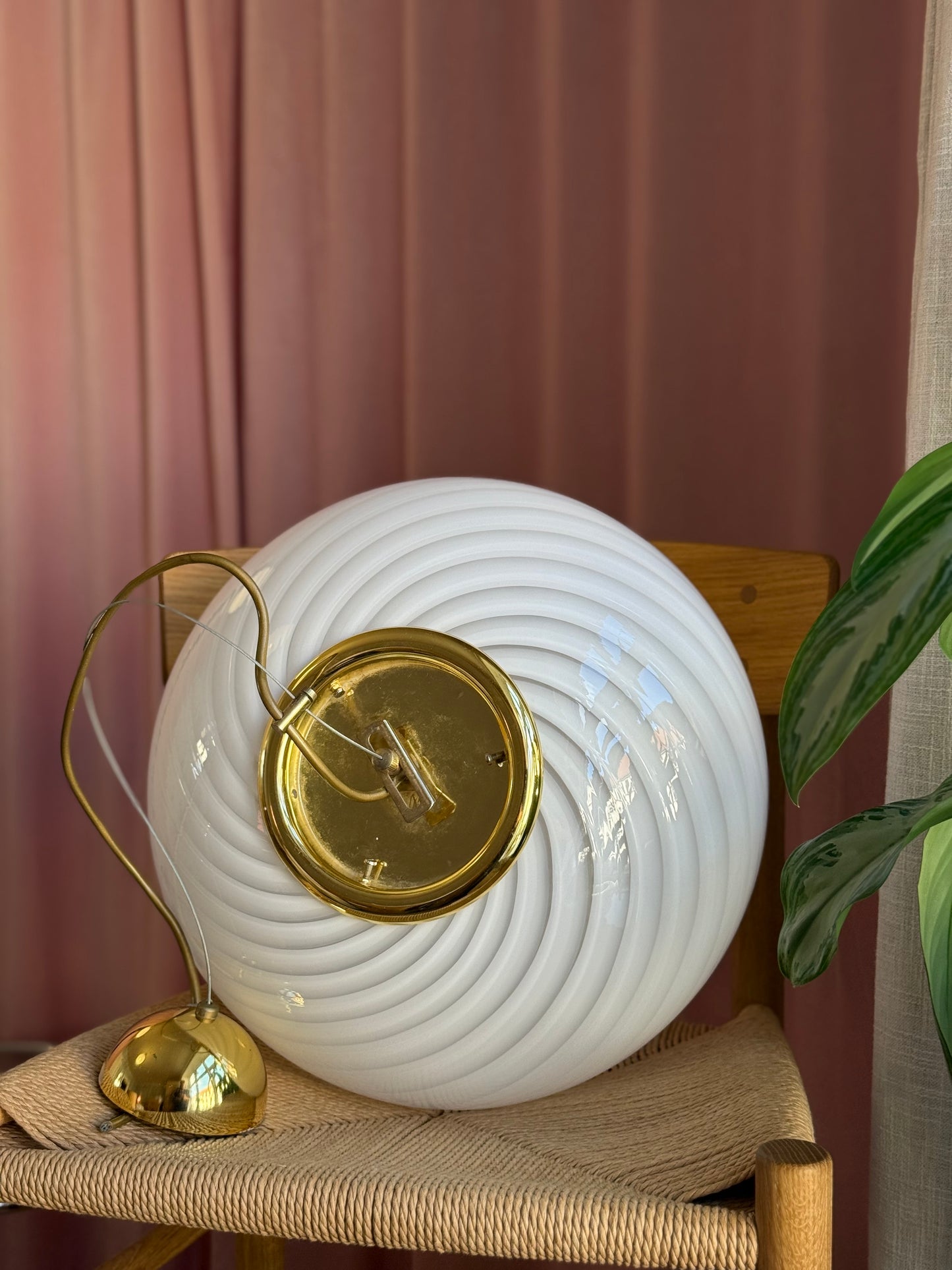 Vintage murano oval pendel 40cm hvid swirl