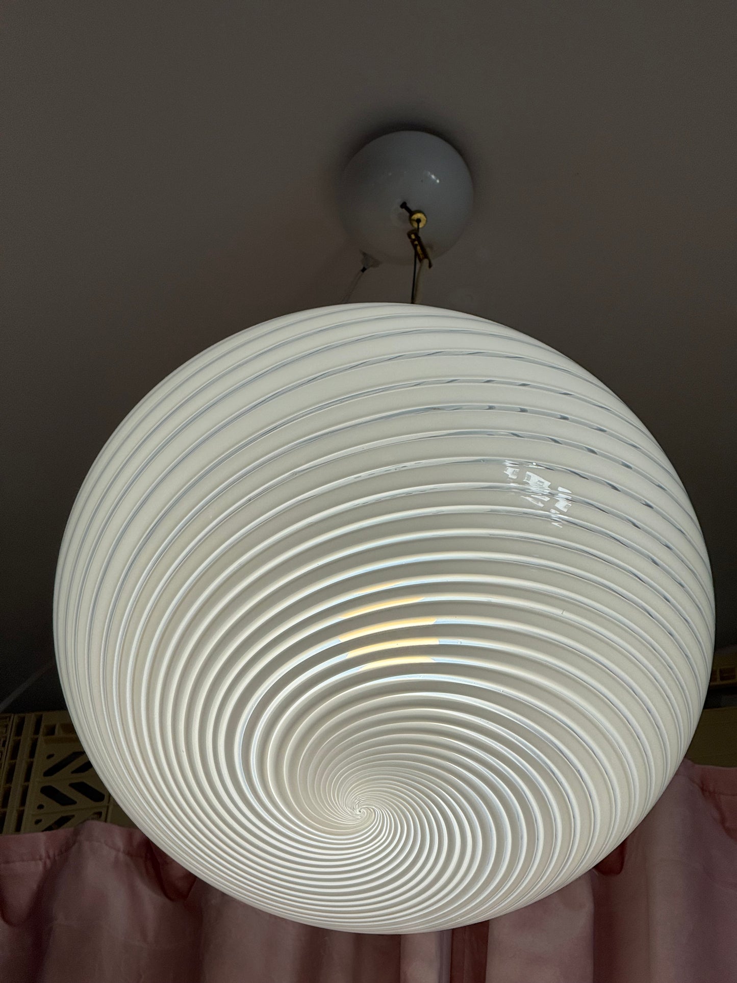 Vintage murano oval pendel loftlampe 39cm hvid swirl