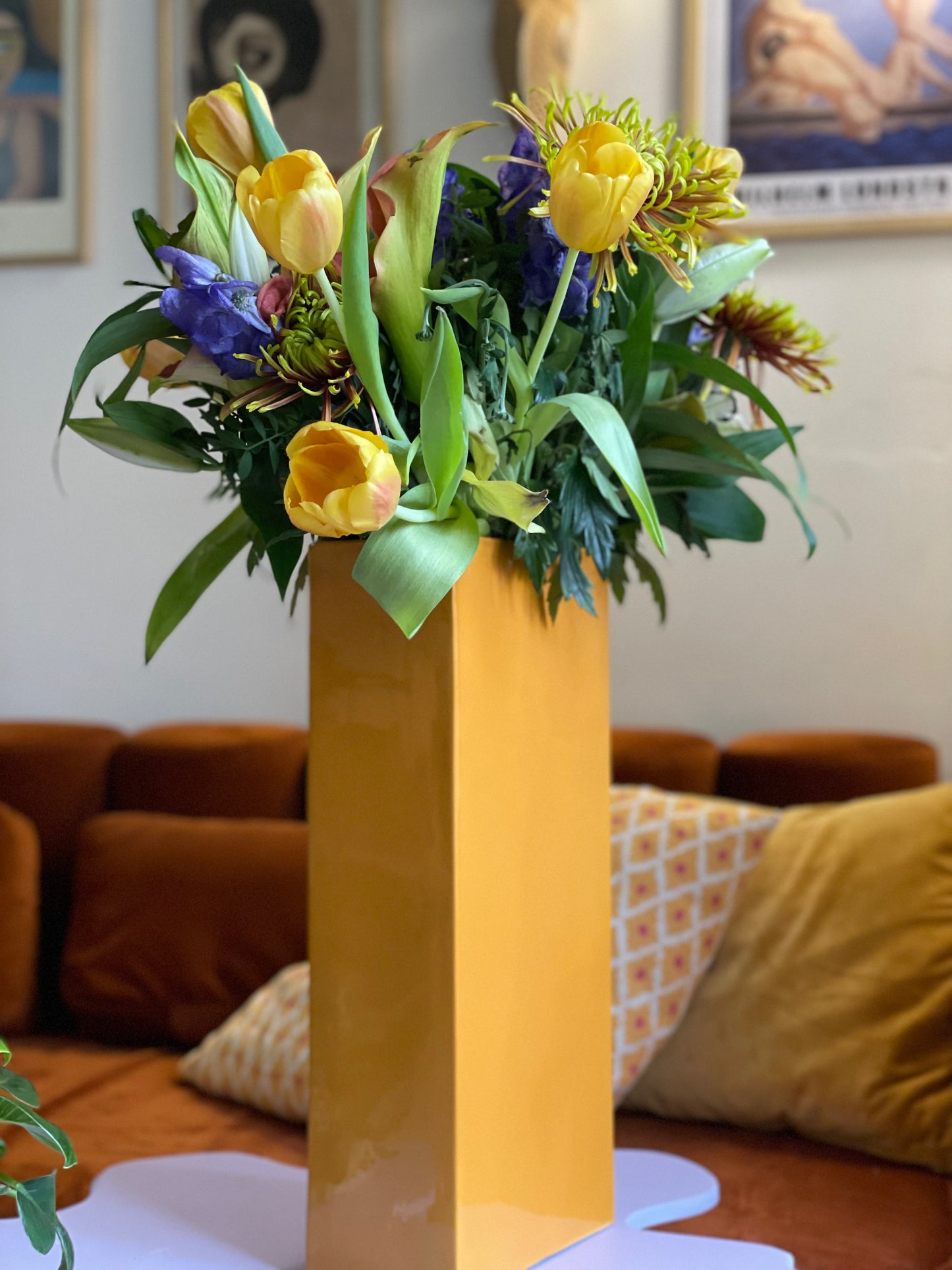 Tall orange rectangular ceramic vase