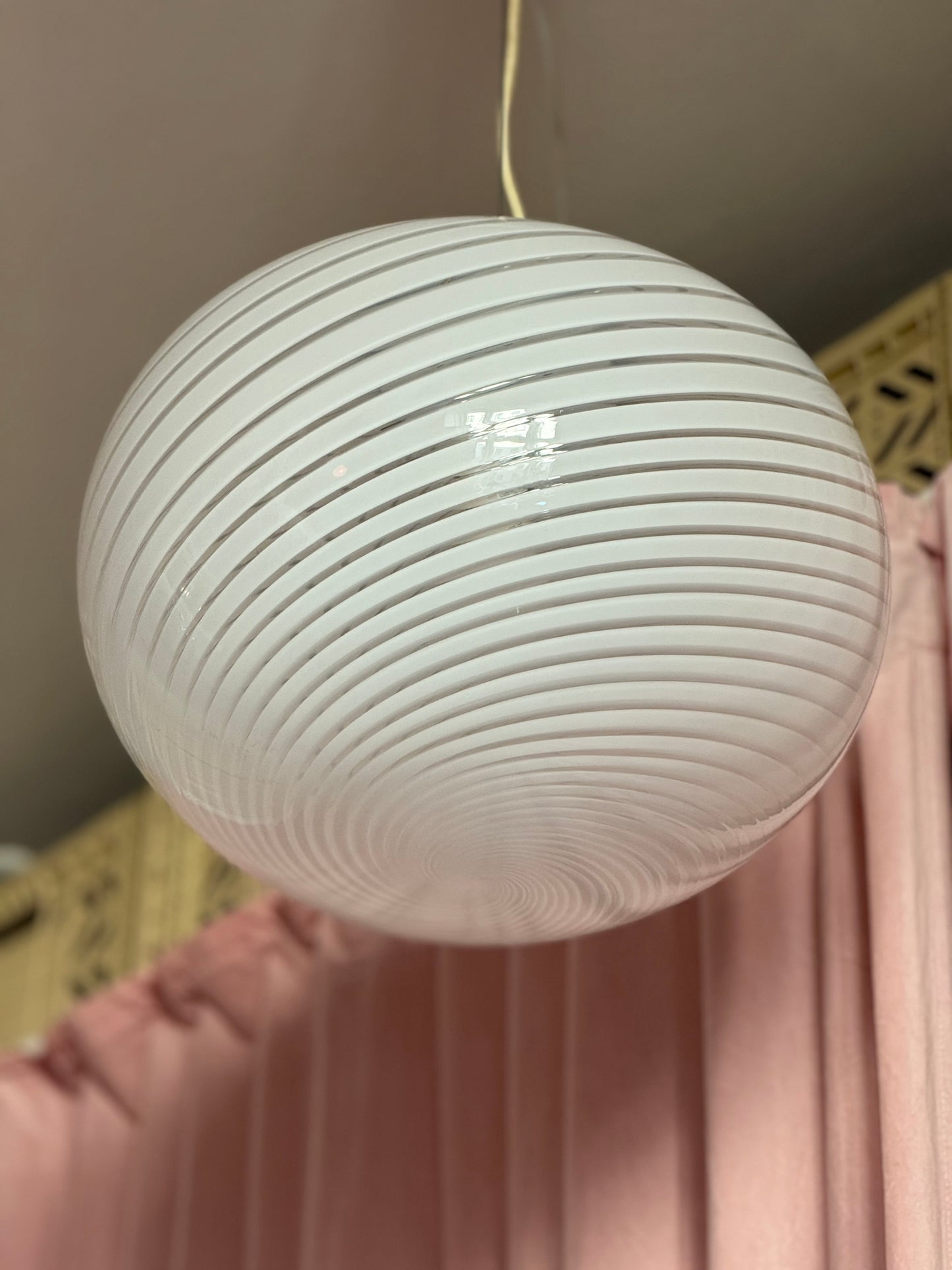 Vintage murano oval pendel loftlampe 39cm hvid swirl