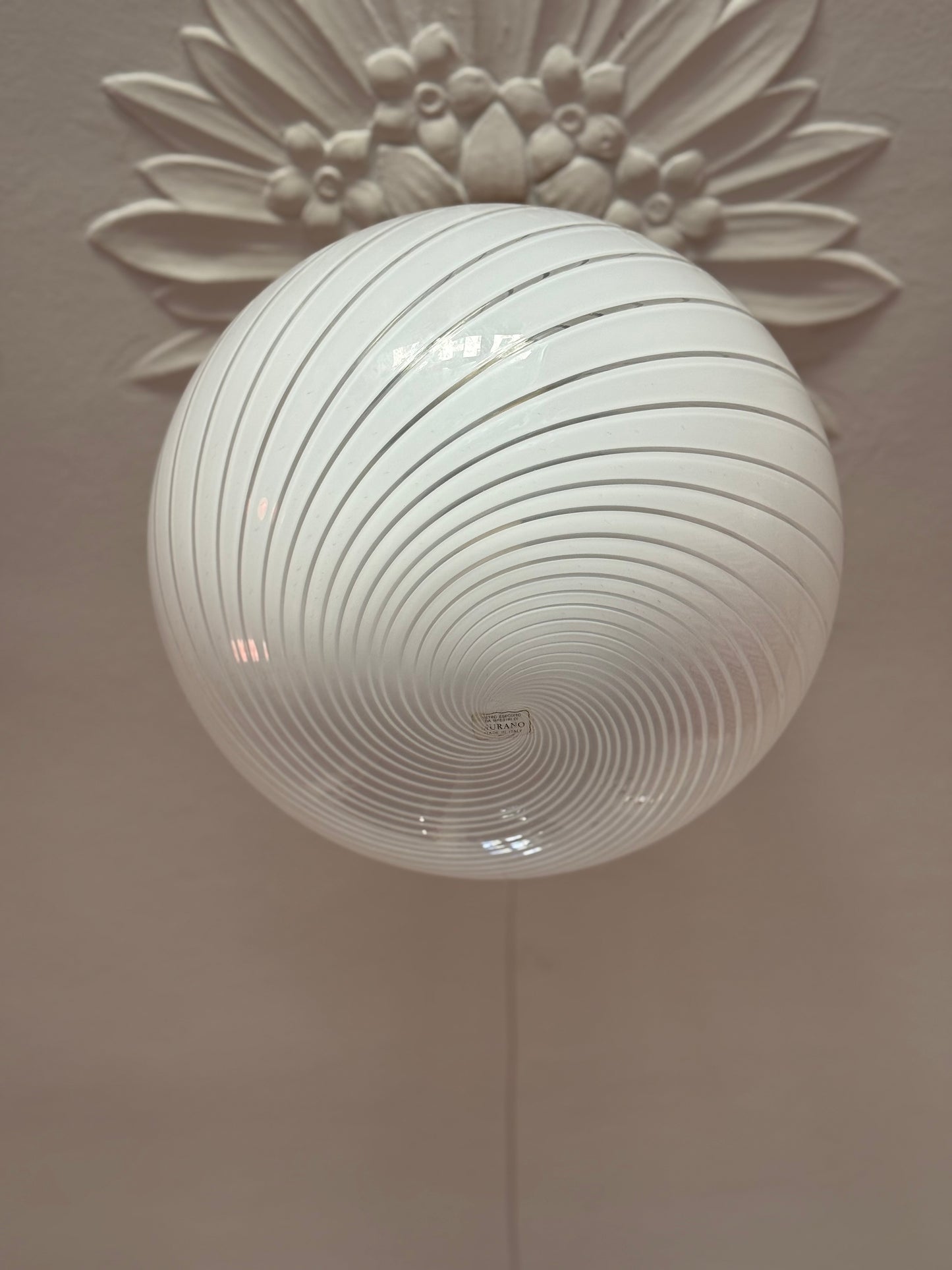Vintage murano oval pendel 40cm hvid swirl