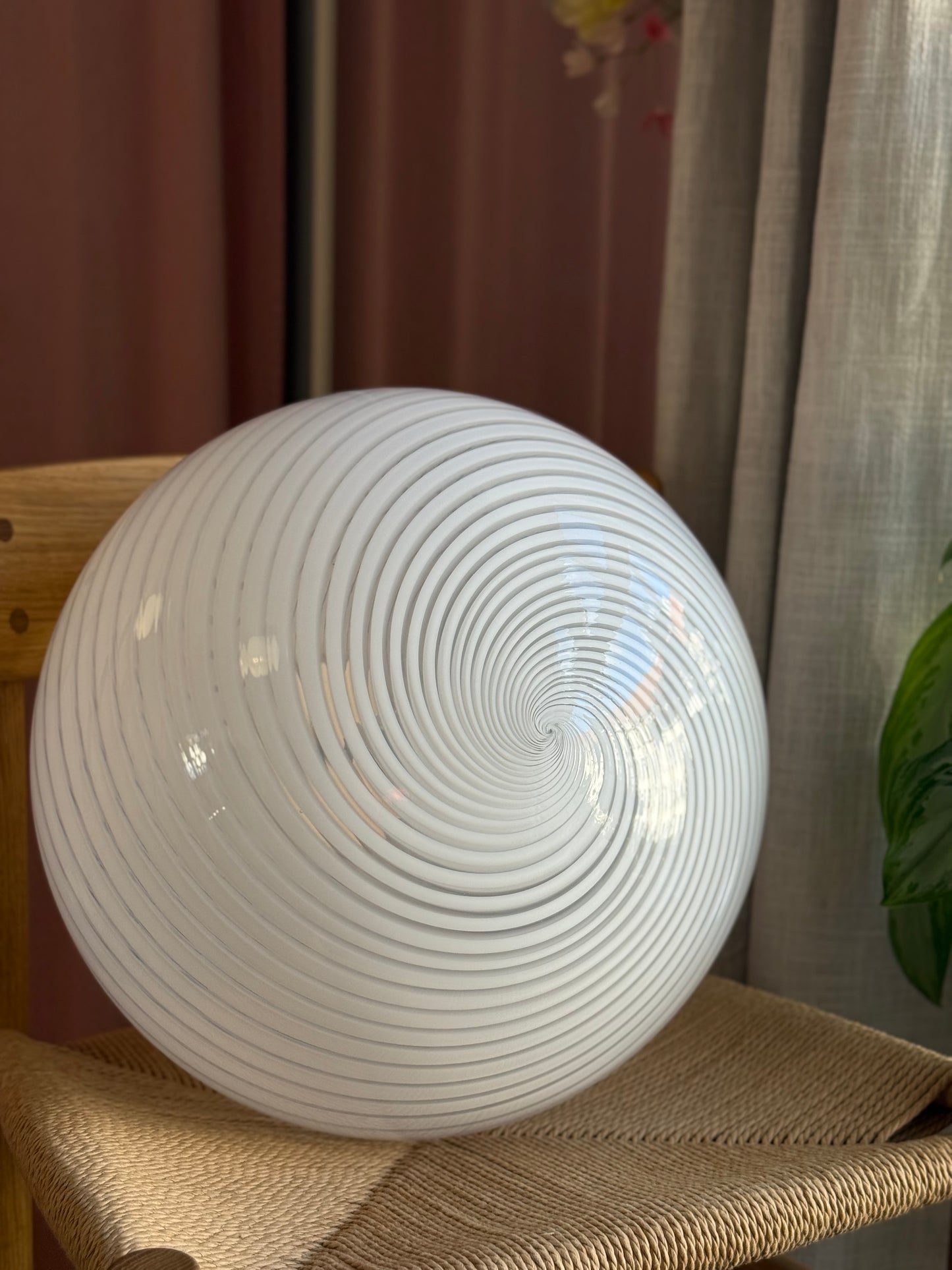 Vintage murano oval pendel loftlampe 39cm hvid swirl