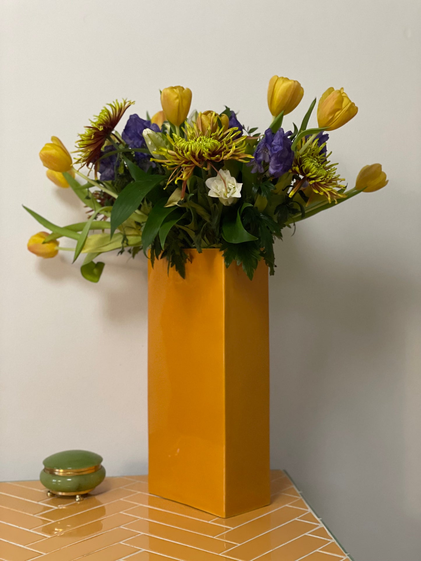 Tall orange rectangular ceramic vase