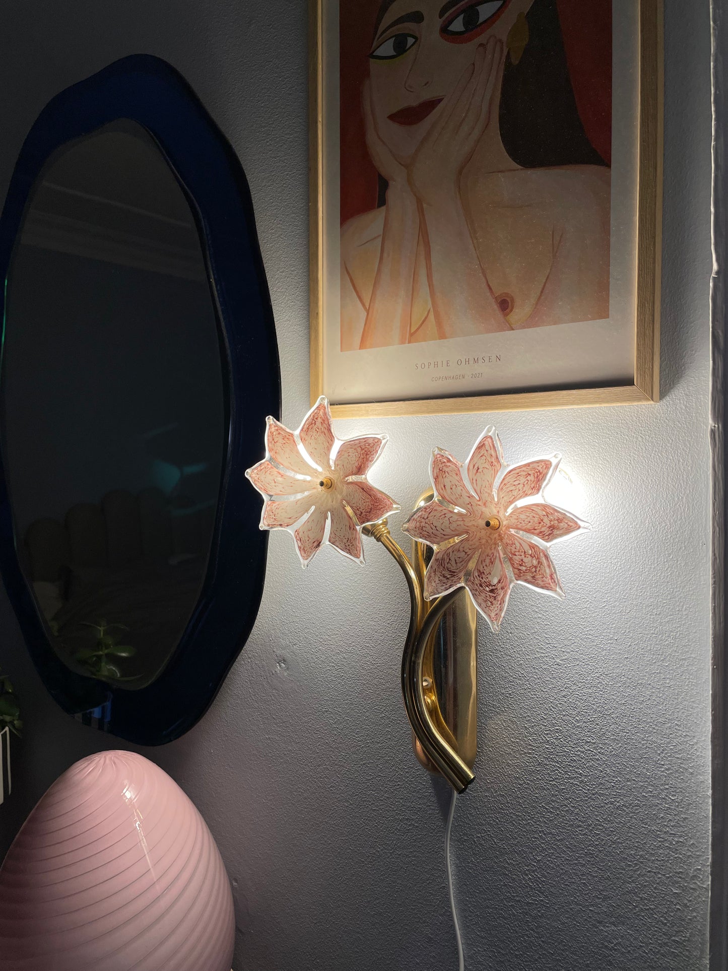 Sæt af vintage Murano væglamper med lyserøde glasblomster