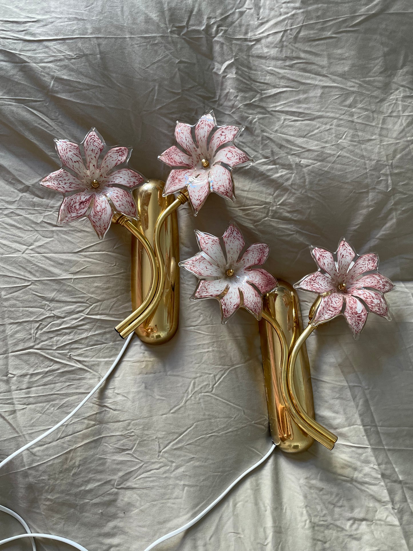 Sæt af vintage Murano væglamper med lyserøde glasblomster