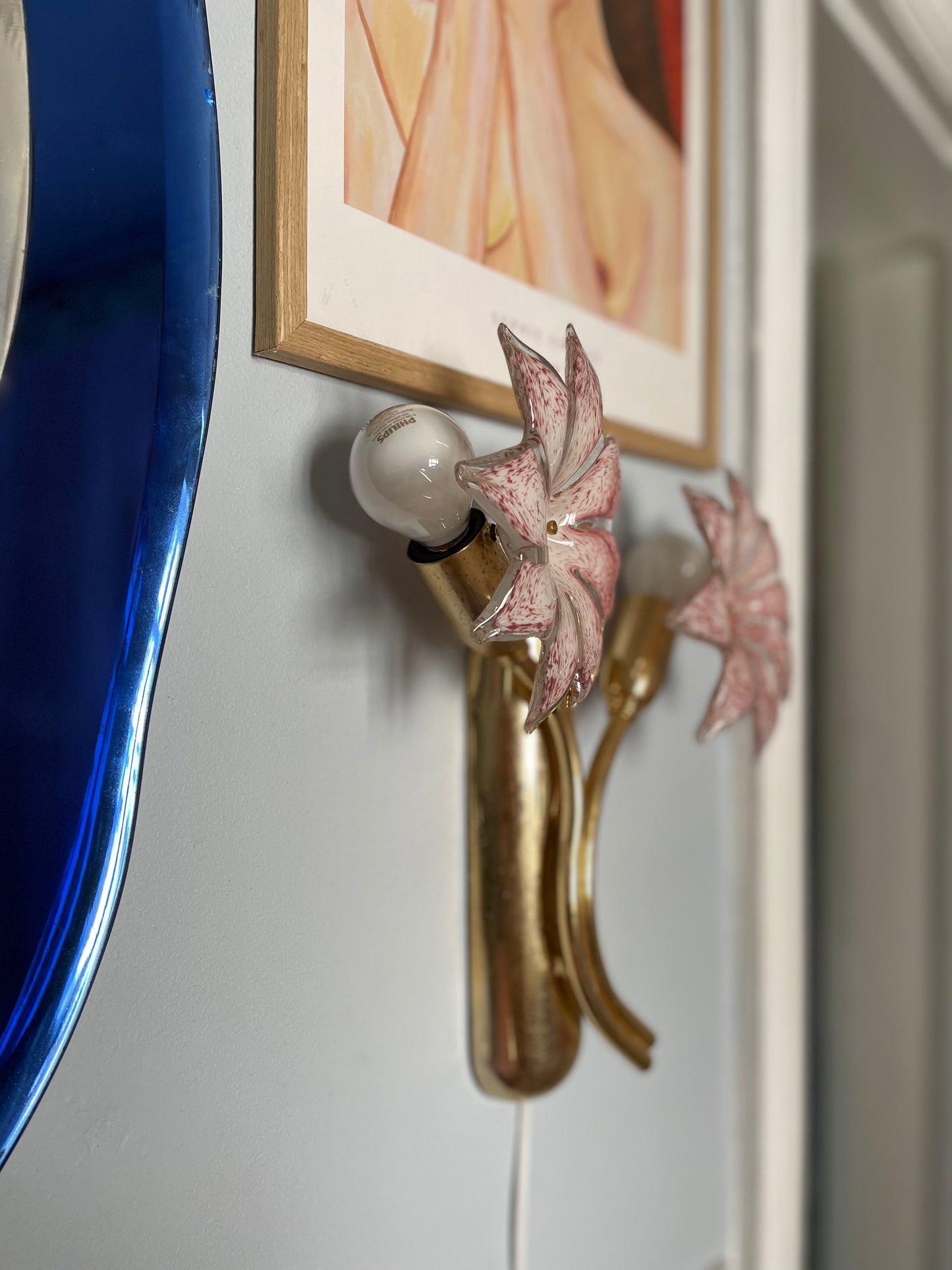 Sæt af vintage Murano væglamper med lyserøde glasblomster