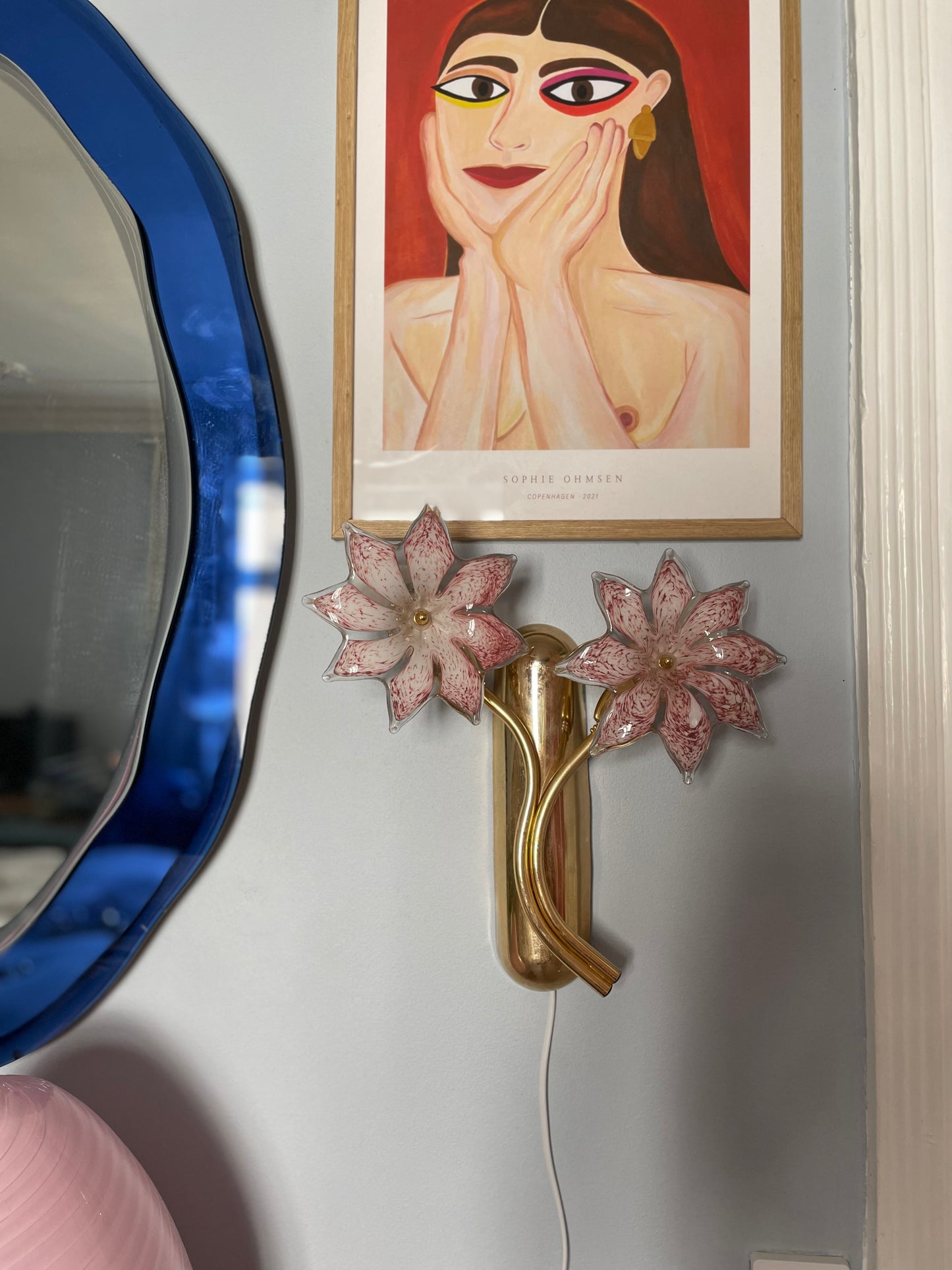 Sæt af vintage Murano væglamper med lyserøde glasblomster