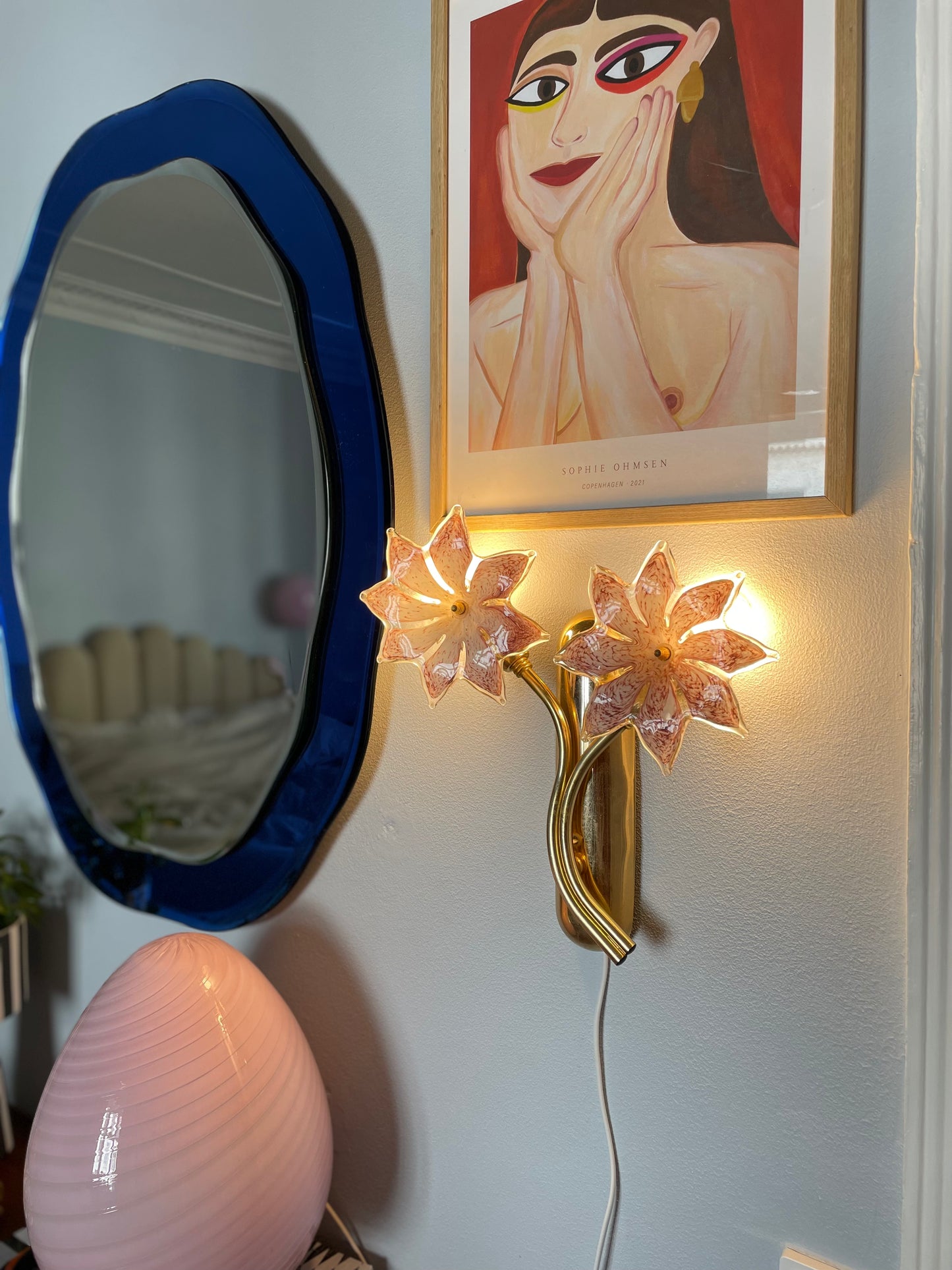 Sæt af vintage Murano væglamper med lyserøde glasblomster