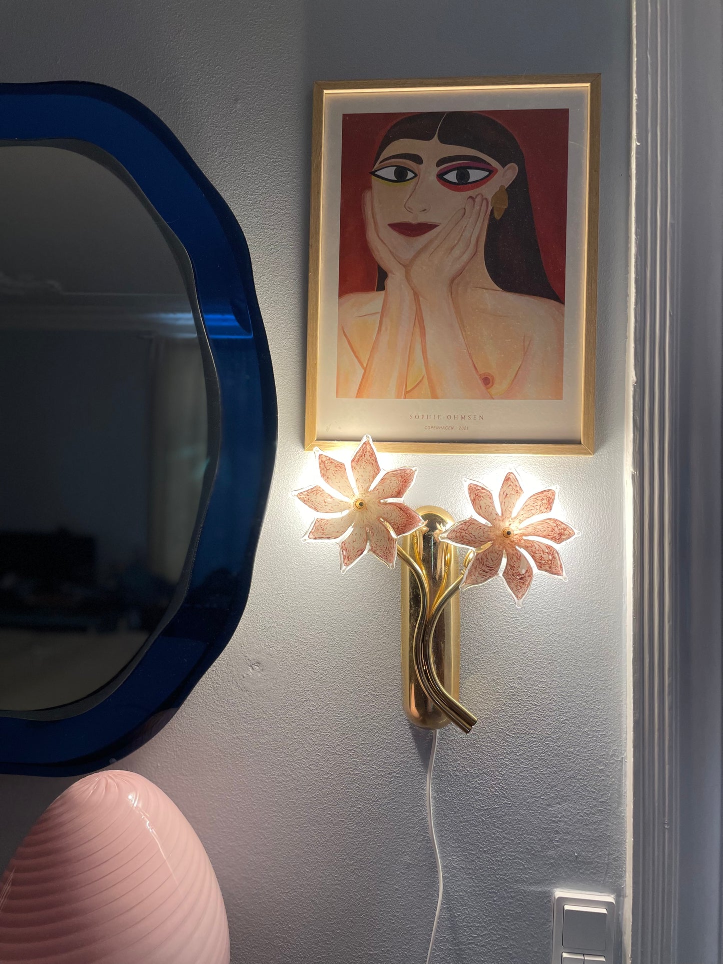 Sæt af vintage Murano væglamper med lyserøde glasblomster