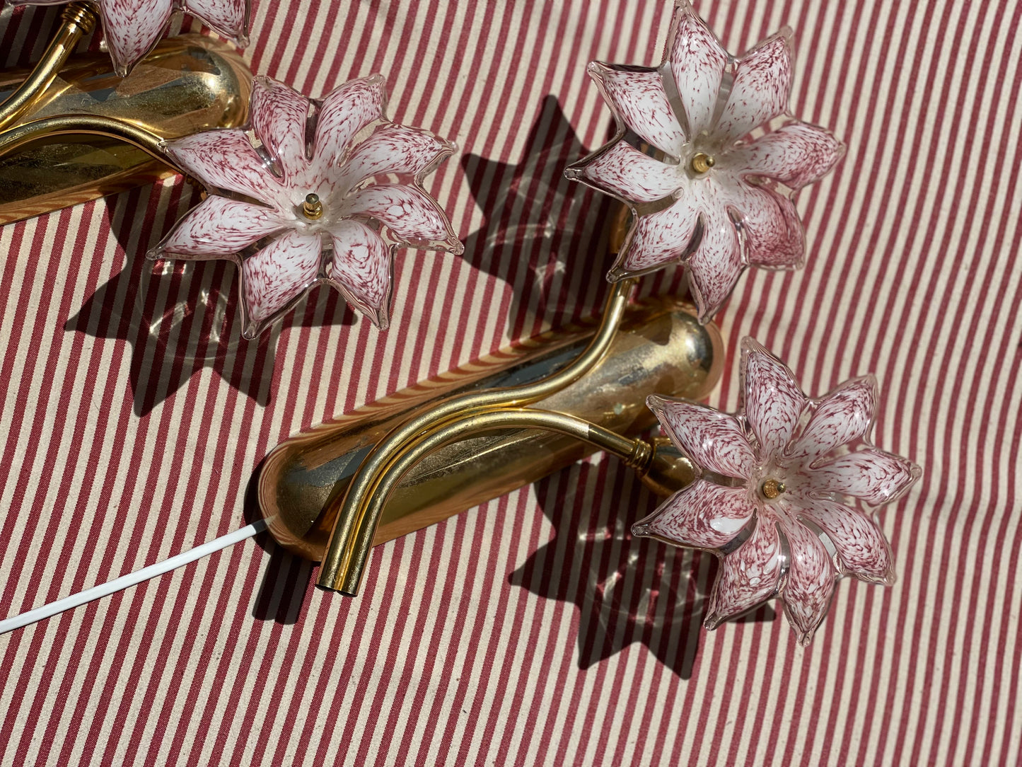 Sæt af vintage Murano væglamper med lyserøde glasblomster