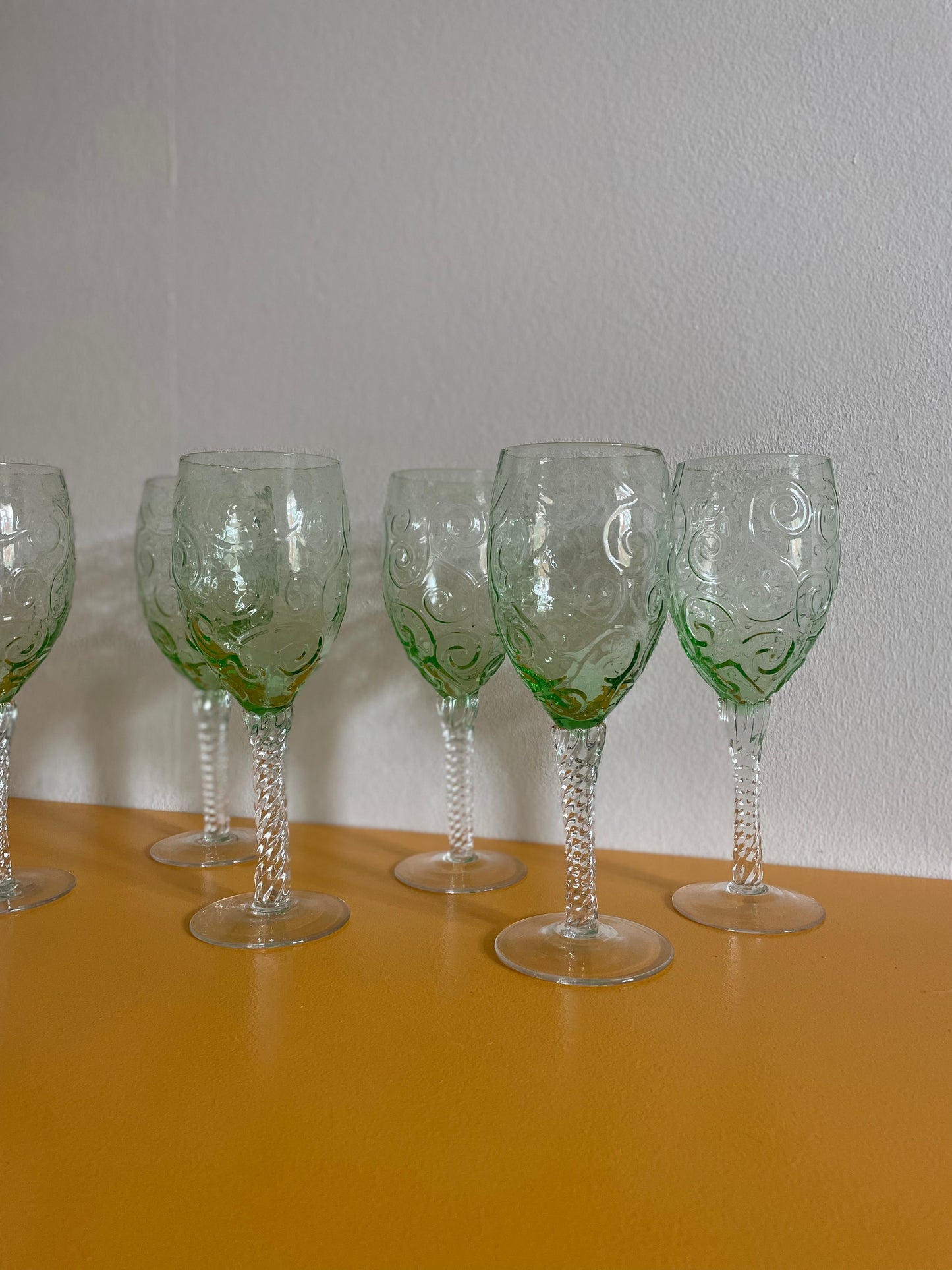 Italian green wine glasses with twisted stem