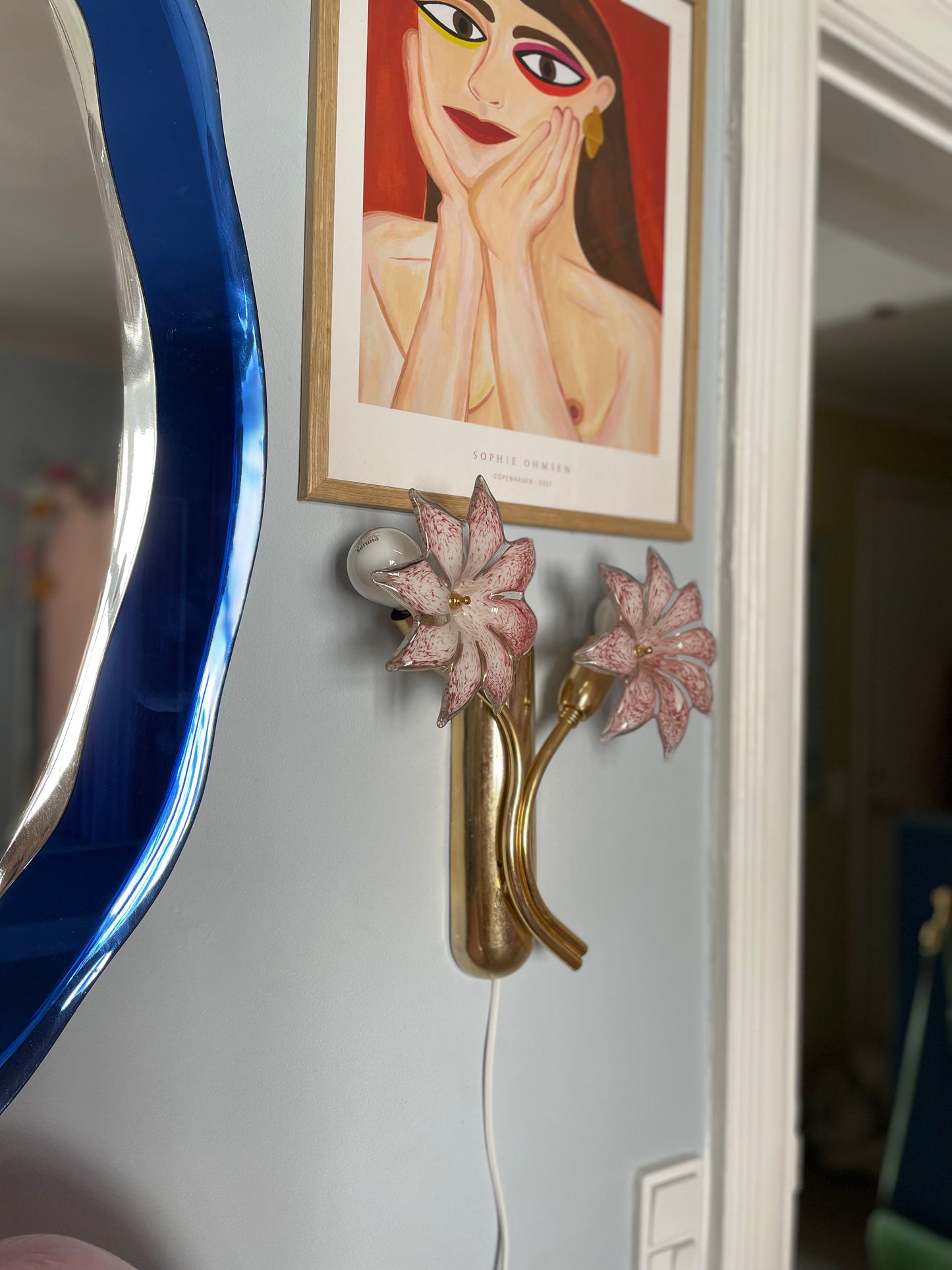 Sæt af vintage Murano væglamper med lyserøde glasblomster