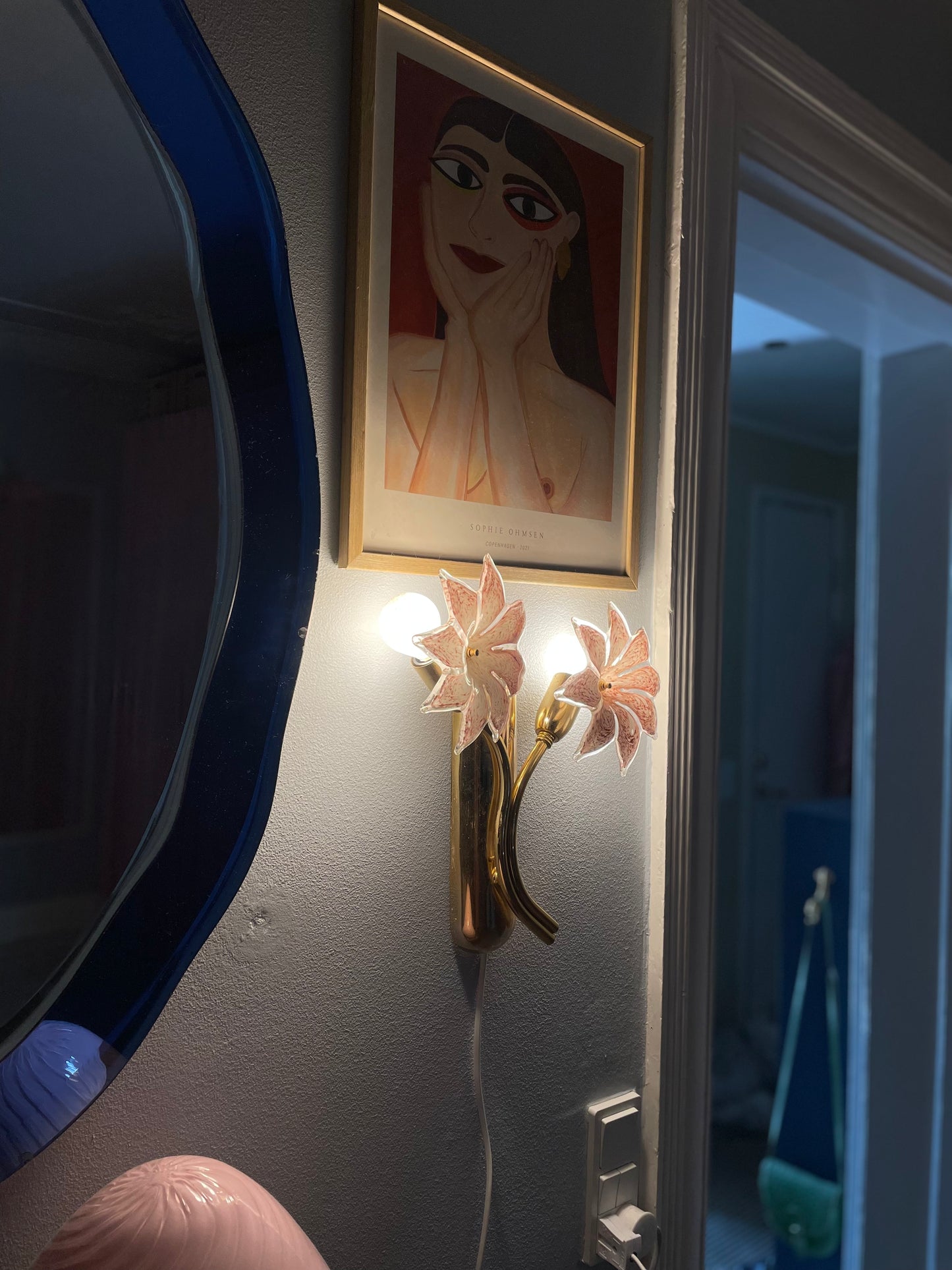 Sæt af vintage Murano væglamper med lyserøde glasblomster
