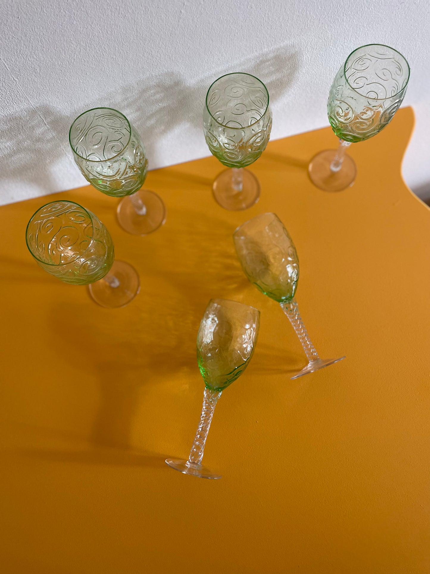 Italian green wine glasses with twisted stem