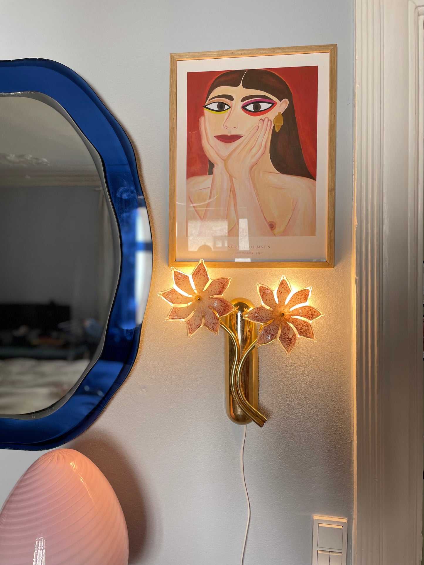 Sæt af vintage Murano væglamper med lyserøde glasblomster