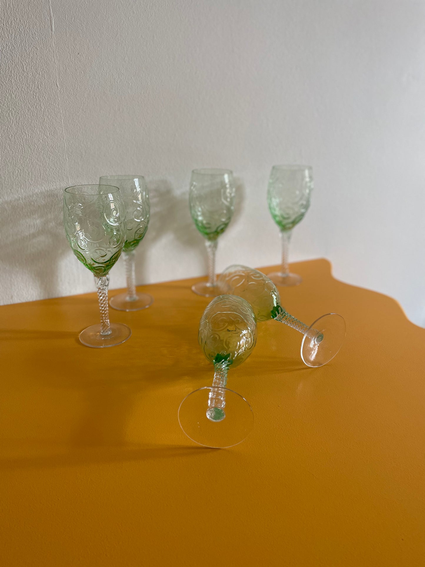 Italian green wine glasses with twisted stem