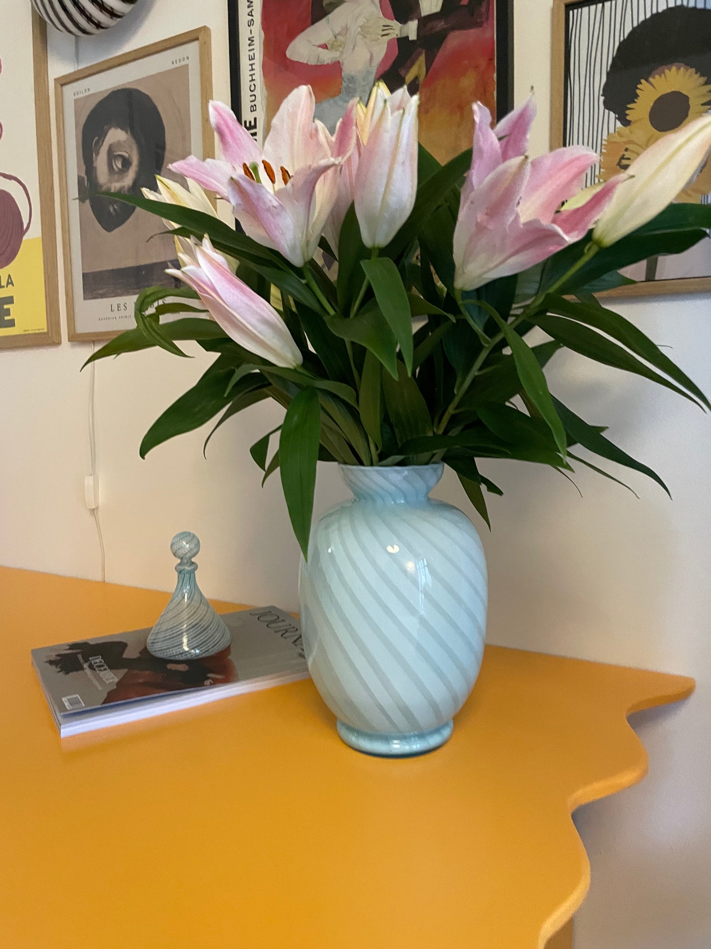 Vintage Murano vase with blue swirl