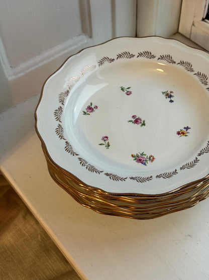 Sæt af 7 (8) dybe tallerkener med guldkant og blomster