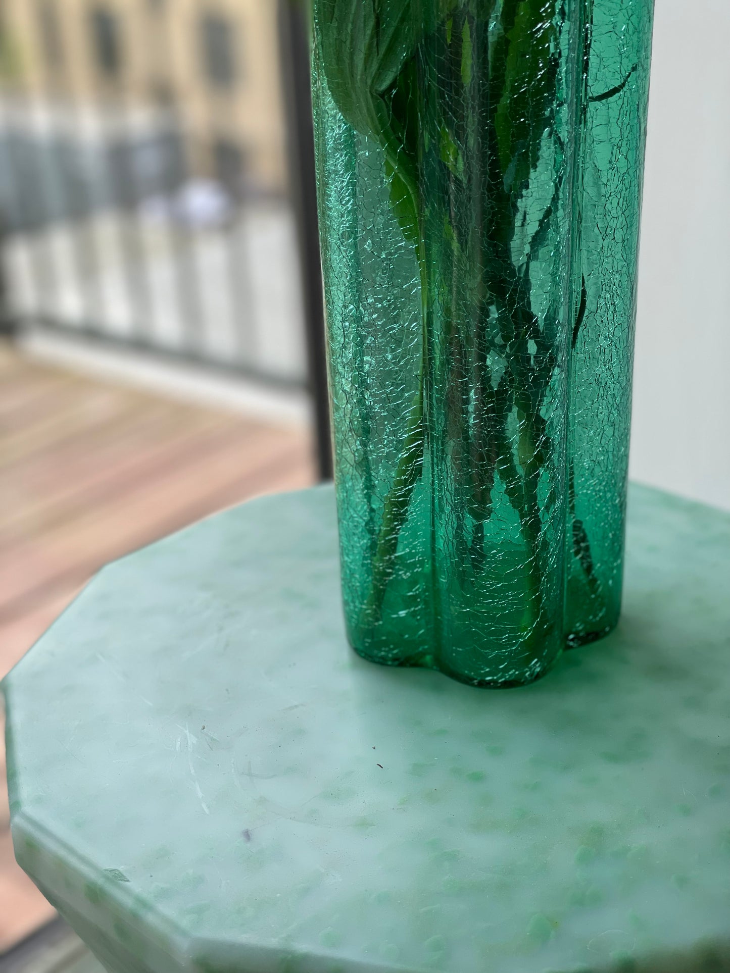 Glass vase in 'cracked' green glass