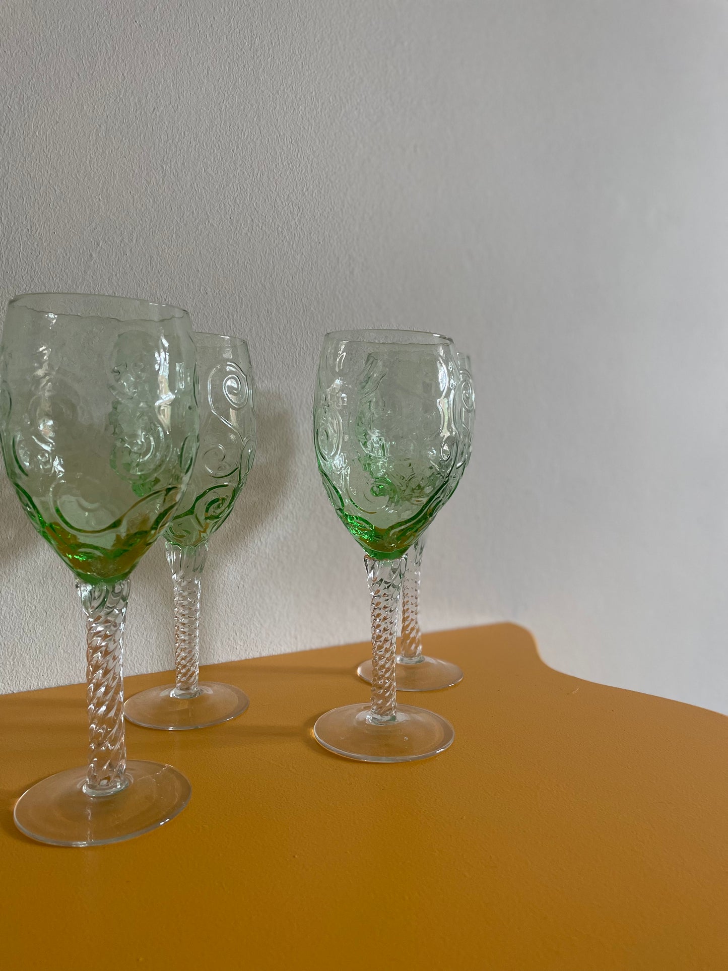 Italian green wine glasses with twisted stem