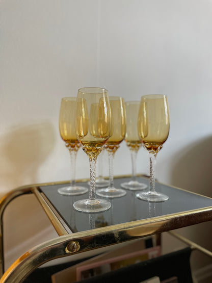 Set of 6 amber wine glasses with swirl stem