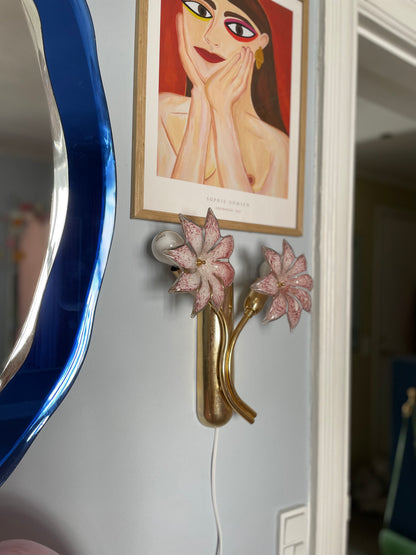 Sæt af vintage Murano væglamper med lyserøde glasblomster