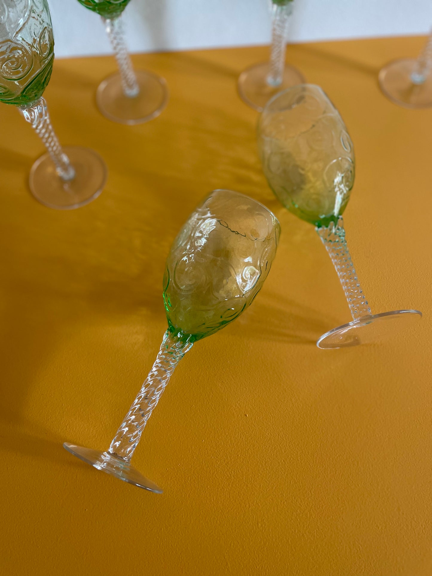 Italian green wine glasses with twisted stem