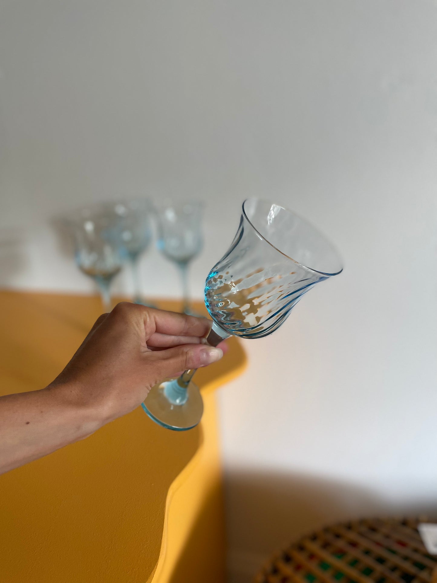 Beautiful blue wine glasses with swirl