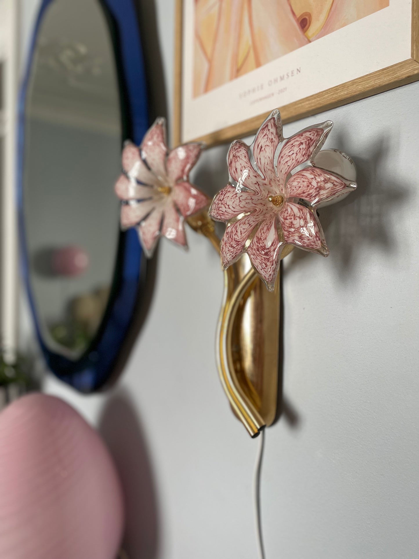 Set of vintage Murano wall lamps with pink glass flowers