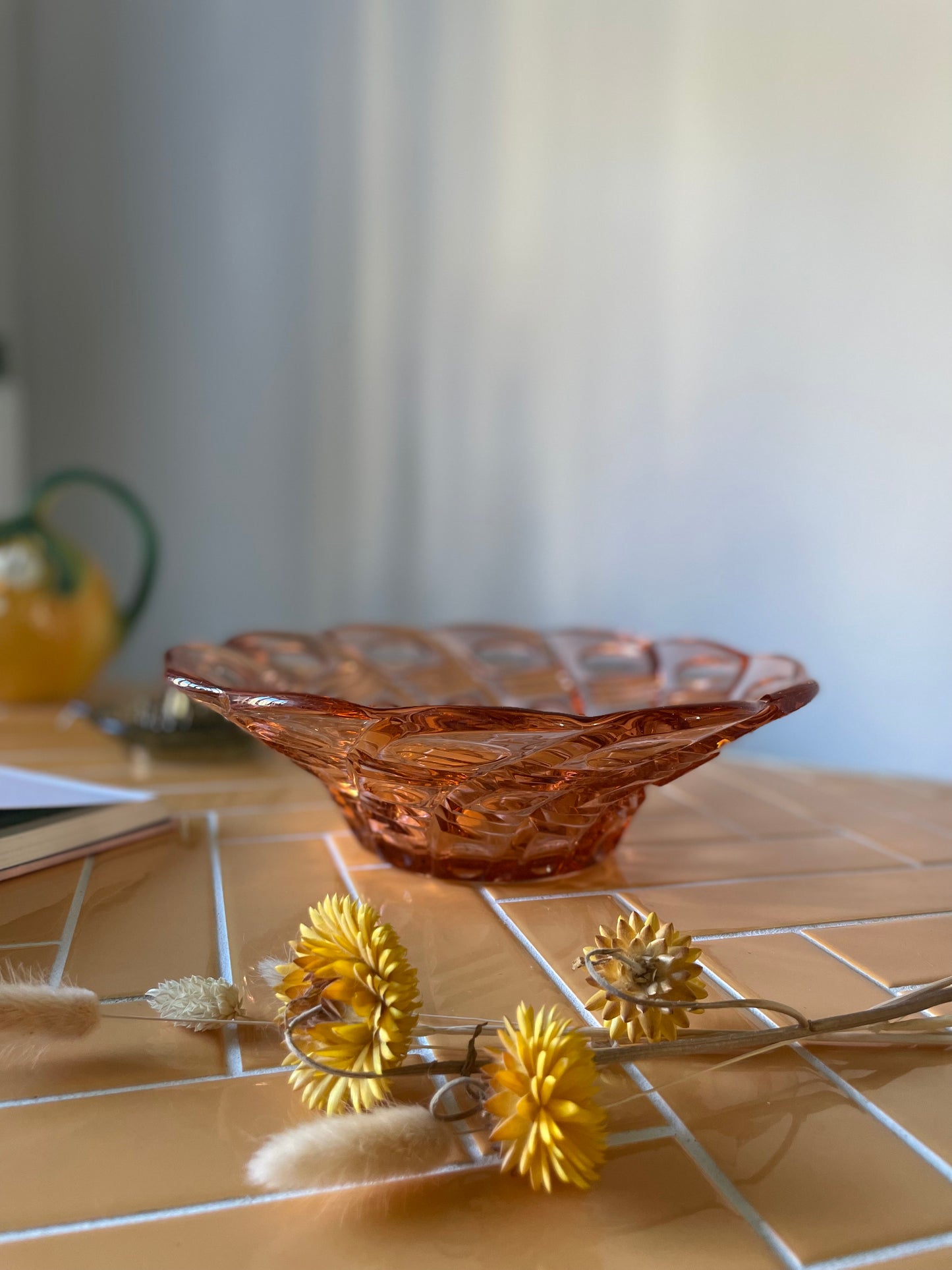 Coral colored glass bowl
