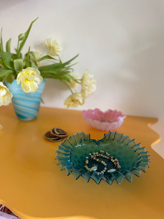 Frilled bowl in blue glass